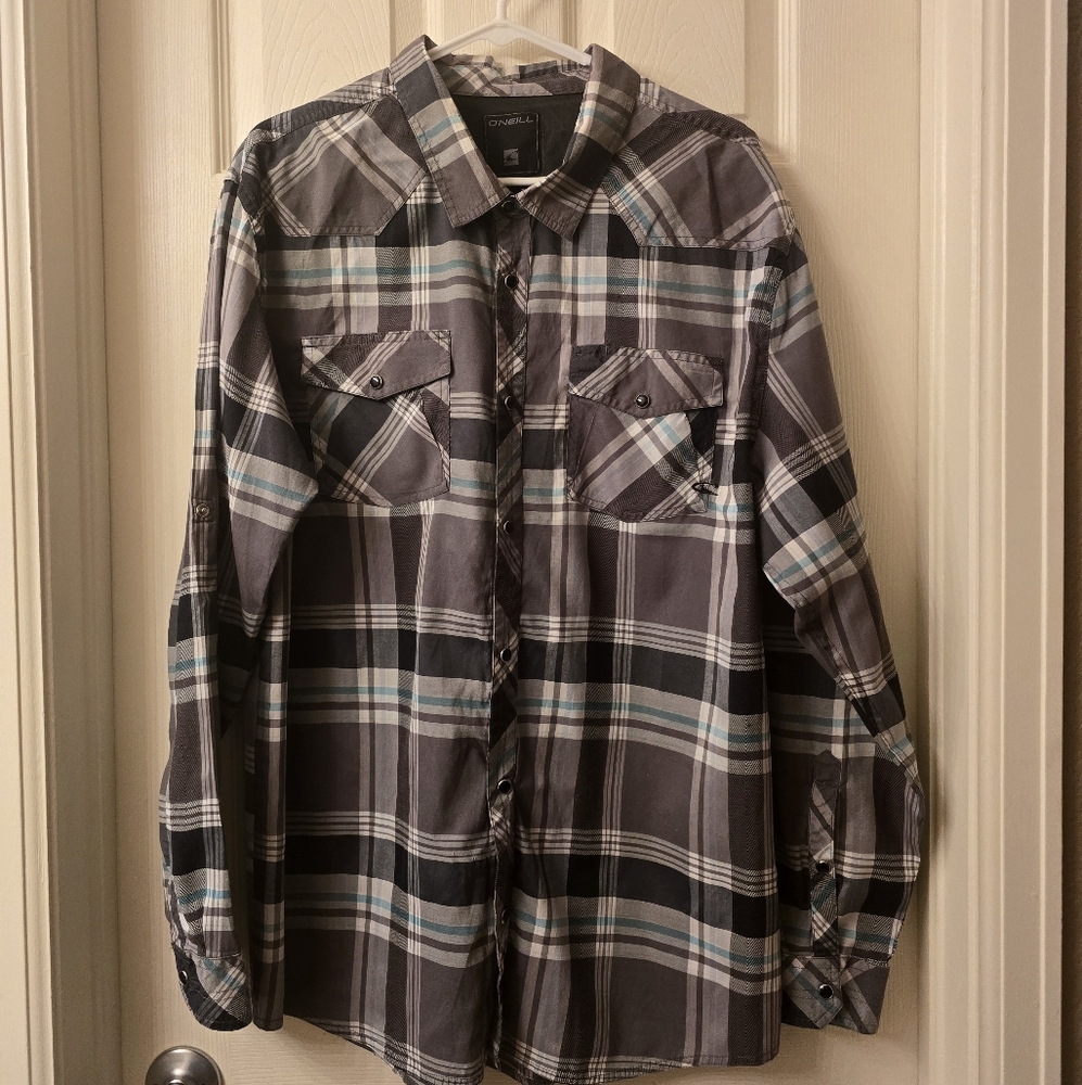 O'Neill Men's Plaid Button Down Shirt - Gray and Black